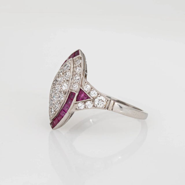1930s Vintage Art Deco Diamond Ruby Ring Sz 5.5 Platinum Navette Estate Jewelry For Sale - Image 5 of 6