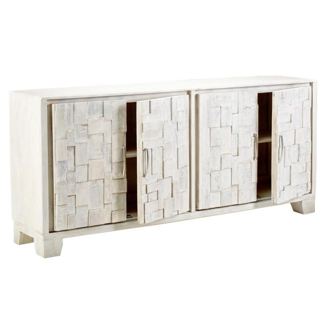 Mosaic Whitewashed Sideboard Buffet Hand Carved Door For Sale - Image 4 of 5