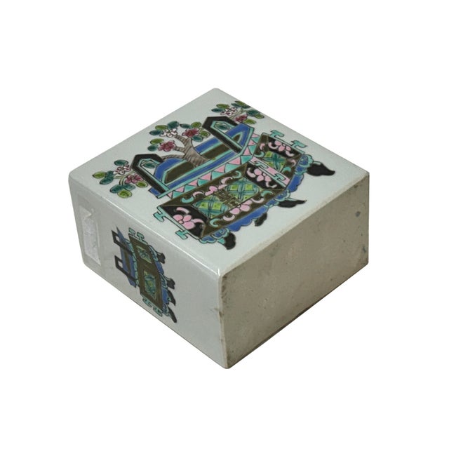 Ceramic Chinese Flower Ding Vase Graphic Rectangular Porcelain Tea Caddy Jar For Sale - Image 7 of 10