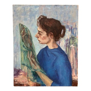 1940s Signed Portrait of Woman with Diaphanous Scarf in Style of Moses Soyer For Sale