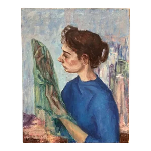 1940s Signed Portrait of Woman with Diaphanous Scarf in Style of Moses Soyer