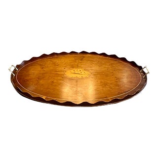 Antique Edwardian Extra Large Oval Mahogany Serving Tray With Conch Shell Motif Inlay For Sale