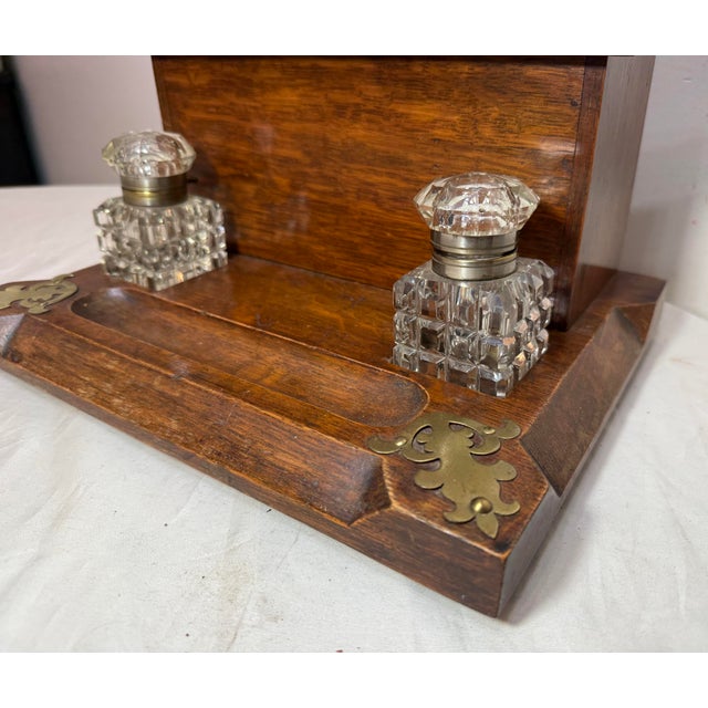 Antique 19th Century English Wood Oak Bronze Inkwell Desk Letter Writing Stand For Sale - Image 13 of 15