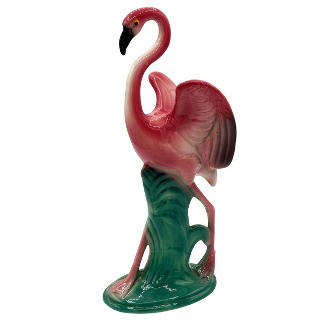 1950s Mid-Century 11" Tall Open Wing Pink Flamingo Ceramic Tabletop Statue, Pair For Sale - Image 12 of 18