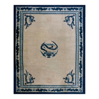 1890s Ivory Blue Open Antique Chinese Peking Dragon Carpet 10'2"x12'8" Wool Rug For Sale