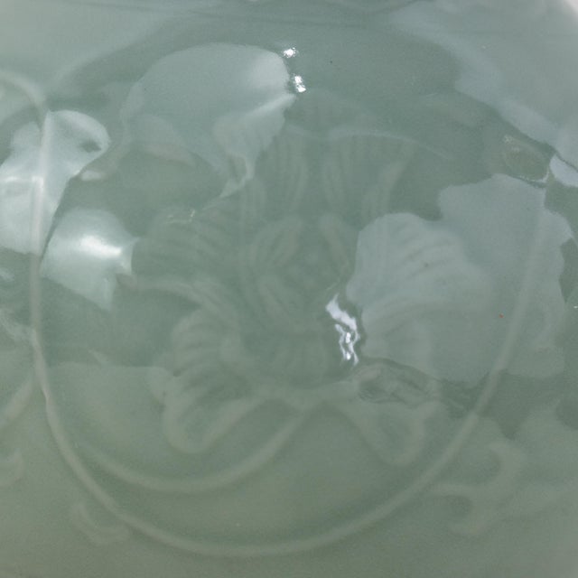 Pair of Vintage Celadon Green Porcelain Table Lamps Incised Floral Motif With Rosewood Bases For Sale - Image 14 of 16