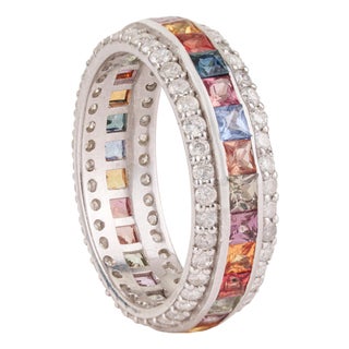 2.53 Ct Geometric Multi Sapphire & Diamond Three Row Eternity Band Ring, Size 4 For Sale
