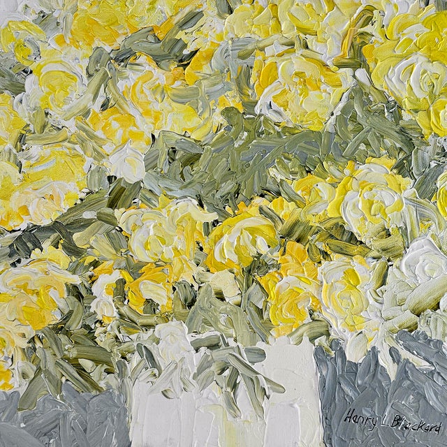 Wood 1971 Original Oil Painting Impasto Floral Yellow Roses Signed "Blackard"30" For Sale - Image 7 of 10