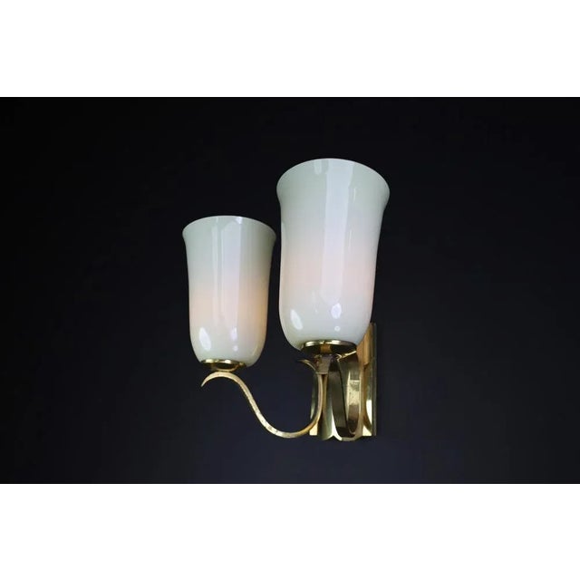 Gold Mid-Century Brass Wall Light with Opaline Glass Shades, Germany, 1950s For Sale - Image 8 of 10