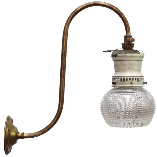 Gold German Holophane Glass Brass and Enamel Converted Gas Wall Lamp, 1910s For Sale - Image 8 of 8