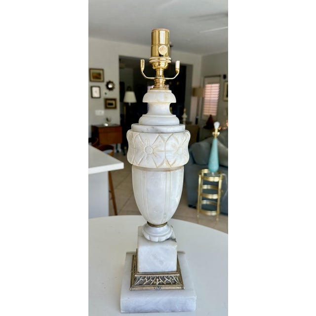 Pair of Italian Neoclassic Alabaster Table Lamps, Hand-Carved, 1950s For Sale - Image 16 of 18