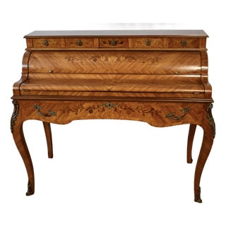 1930s French Louis XV Satinwood Floral Inlay Cylinder Secretary Writing Desk For Sale