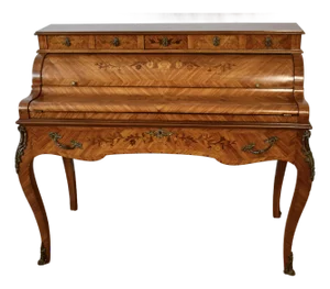1930s French Louis XV Satinwood Floral Inlay Cylinder Secretary Writing Desk
