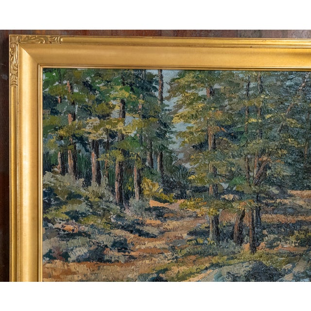 Traditional Mid-Century Impressionist Oil Painting of Forest Scene Landscape, Signed Illegibly For Sale - Image 3 of 15