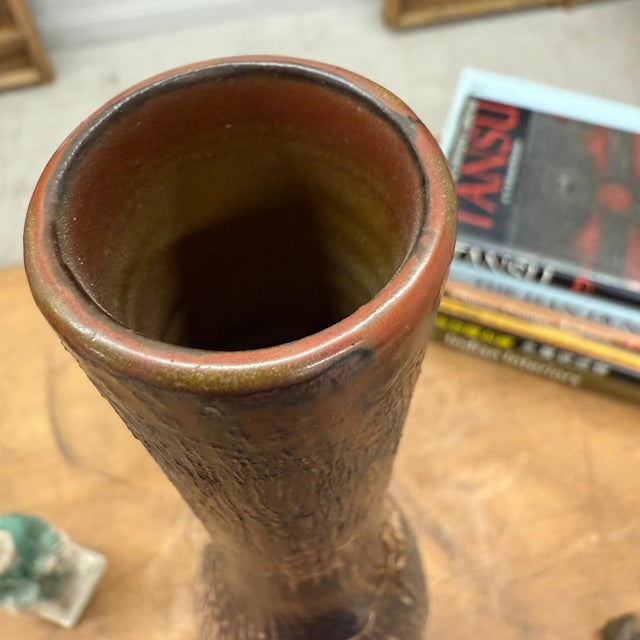 Slim Bottle Shaped Textured Brown & White Ceramic Vase For Sale - Image 10 of 10