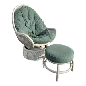 1970s White Rattan Upholstered Swivel Egg Chair With Ottoman