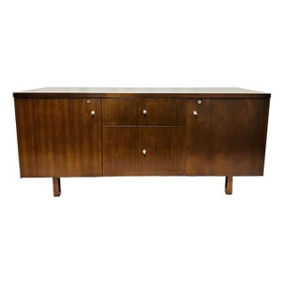 Mid-Century Modern Walnut Credenza / Sideboard With Chrome Hardware For Sale