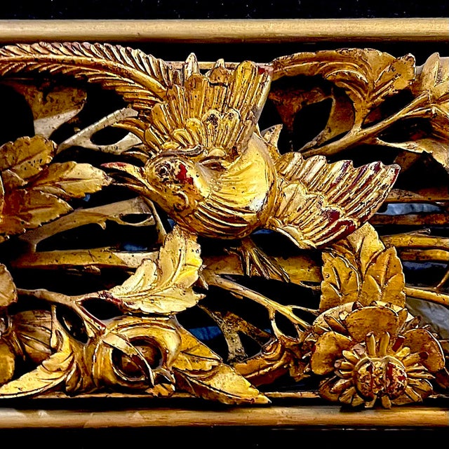 Wood Antique Chinese Gilt Wood Carving of Birds and Flowers For Sale - Image 7 of 14
