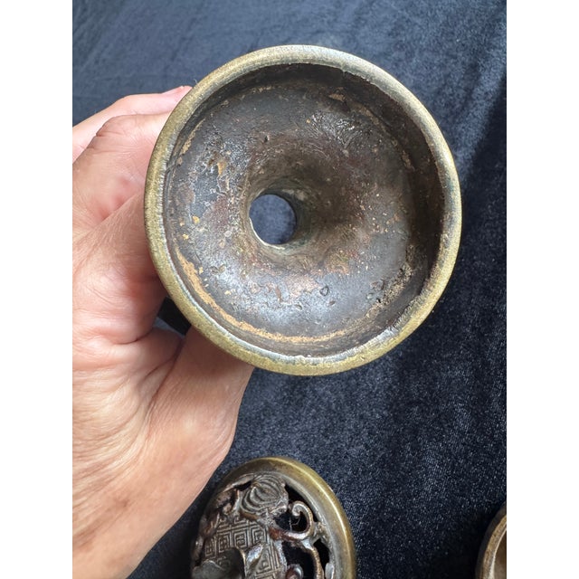 Brown Antique Japanese Bronze Koro Incense Burner With Openwork Lotus Motif For Sale - Image 8 of 11
