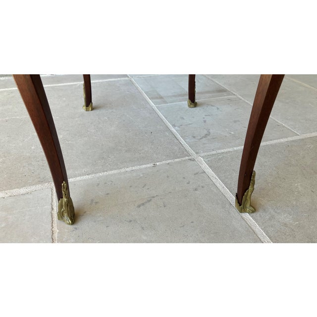 Circa 1930 Louis XVI-Style Mahogany Starburst Marquetry Two-Tier Oval Accent Table With Brass Mounts For Sale - Image 12 of 18