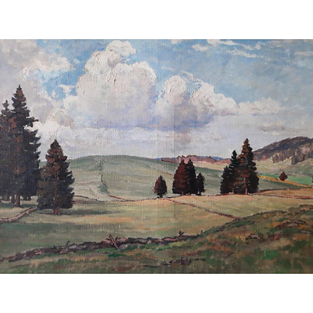 A serene 1940 landscape by Swiss artist Hermann Sandoz, Morning captures the gentle light and peaceful atmosphere of an...