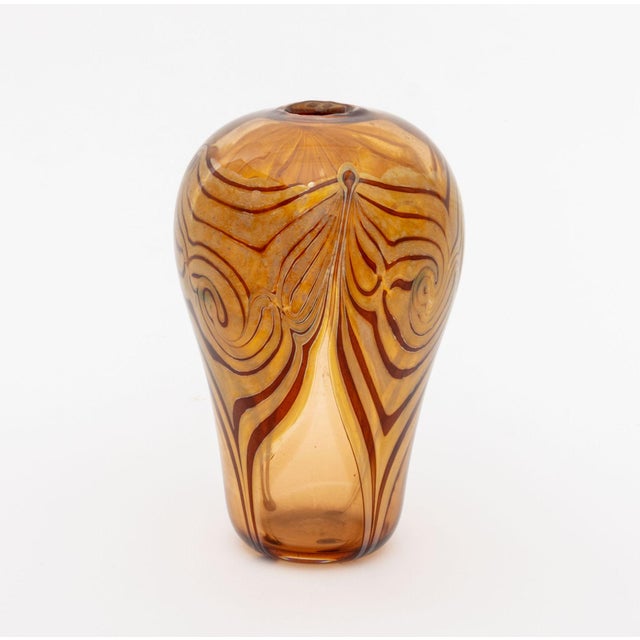 Modern Pulled Feather Amber Glass Vase, 1975, illegibly signed and dated to underside. 5.75" H x 3.25" Diameter....