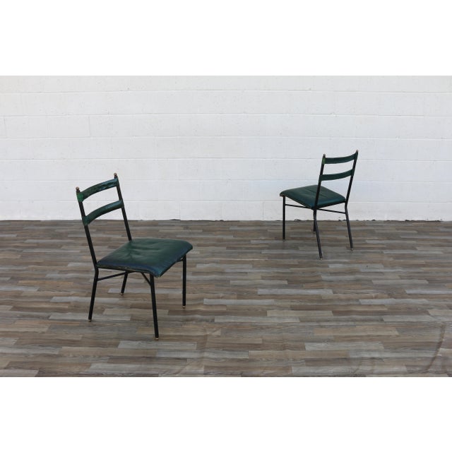 Pair of Jacques Adnet Distressed Green Leather & Black Metal Dining Chairs, France 1950s For Sale - Image 11 of 18