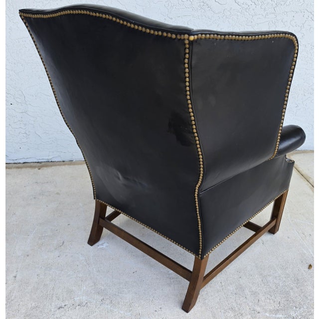 Classic Georgian Chippendale Black Leather Wingback Library Gentlemans Armchair For Sale - Image 4 of 16