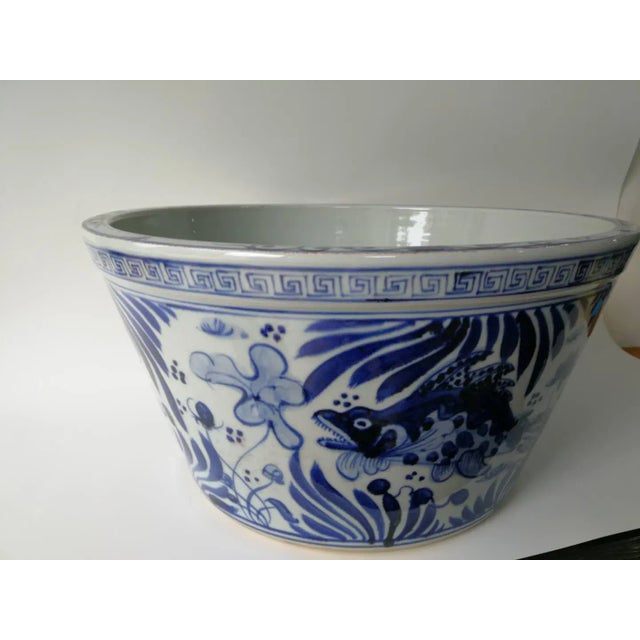 Chinese Chinese Blue and White Oriental Fish Bowl Planter For Sale - Image 3 of 11