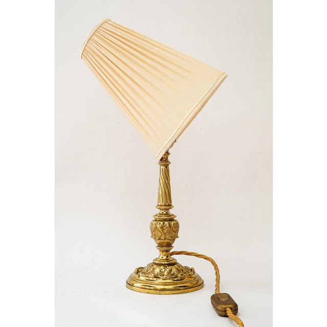Antique Brass Table Lamp with Fabric Shade, 1890s For Sale - Image 4 of 16