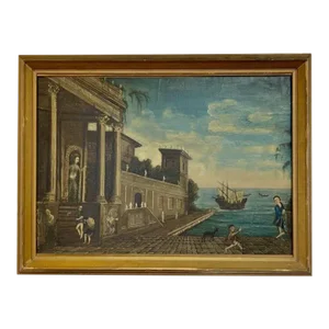 18th Century Naive Figurative Painting of Venice, Framed