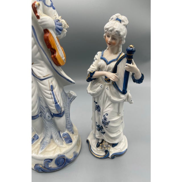 Vintage Italian Blue & White Porcelain Musical Figurines With Gold Accents, Pair For Sale - Image 6 of 8