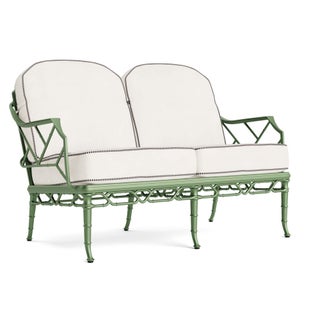 Brown Jordan Calcutta Loveseat in Bay Leaf with Sea Salt and Anthracite Stripe Welt Cushions For Sale