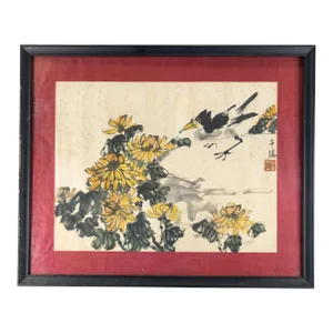 Early 20th Century Chinese Watercolor Scroll Painting With Chrysanthemums
