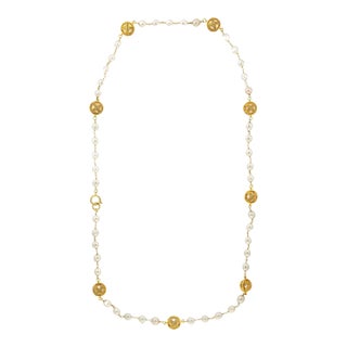 70s Chanel Vintage Orb Necklace Faux White Pearls Long 52" Yellow Tone Cross For Sale