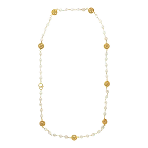 70s Chanel Vintage Orb Necklace Faux White Pearls Long 52" Yellow Tone Cross