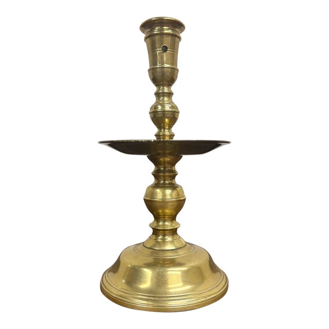 Antique Brass Candlestick Chamberstick With Drip Tray For Sale