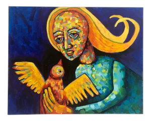 Figurative “Madonna With Bird” Acrylic Painting on Canvas