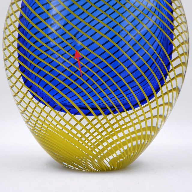 Blue Flattened Optical Twisted Vase with Yellow Twist For Sale - Image 11 of 13