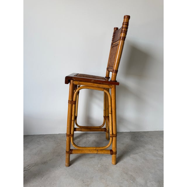 Vintage Coastal Organic Bamboo & Rattan With Leather Wrapped Bar Stools - A Pair For Sale In Miami - Image 6 of 13