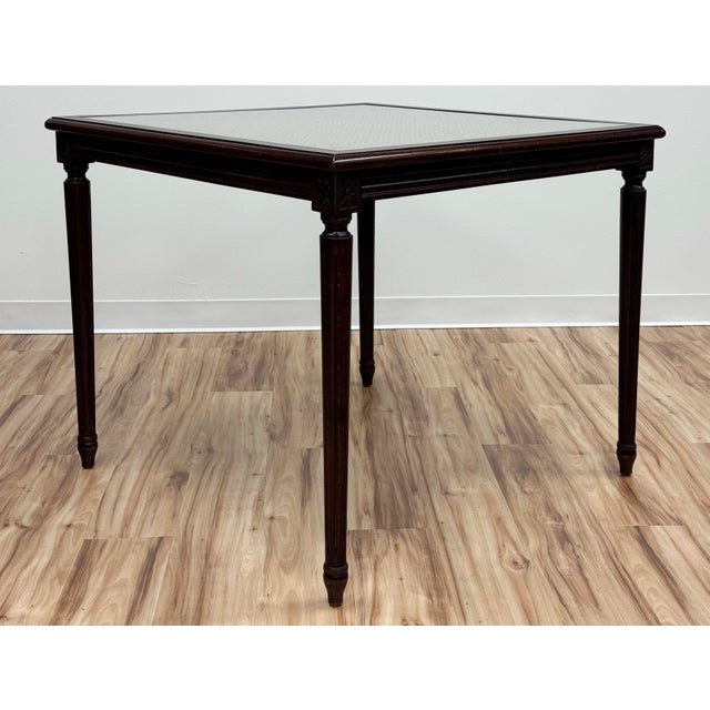 Mid 20th Century Vintage Carved Wood Caned Game Table With Inset Glass Top For Sale - Image 5 of 11