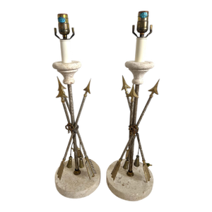 Vintage French Brass and Marble Arrow/Tassel Lamps - A Pair