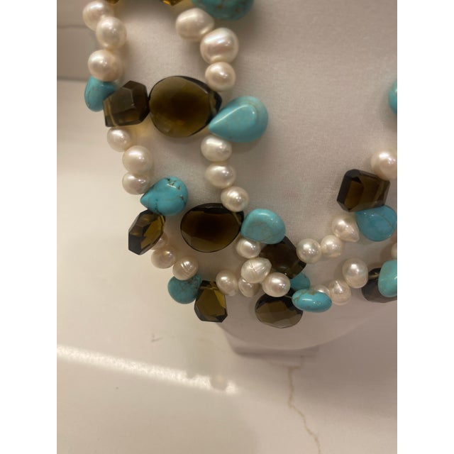 Arts & Crafts 1960s Smoky Quartz, Pearls,aqua, Double Stran Necklace For Sale - Image 3 of 5
