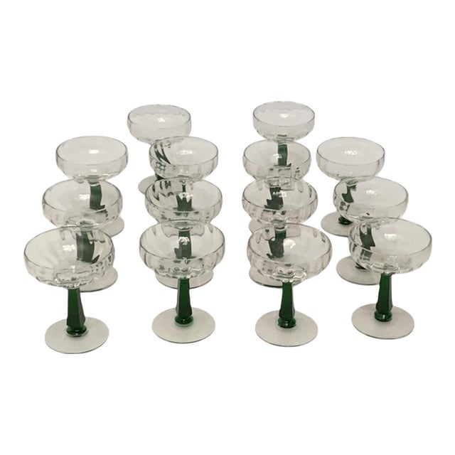 Mid Century Modern MCM Bryce Holiday Green Stem Champagne Tall Sherbet Glasses Set of 14 Usa C. 1950s-1960s For Sale