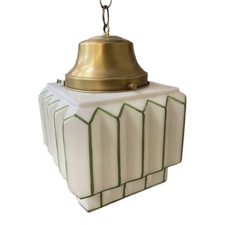 1930s Bass Hanging Lamp With Milk Glass Stepped Geometric Art Glass Shade For Sale