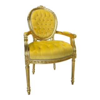 Baroque Golden Yellow Velvet Chair With Exquisite Gold Leaf Details For Sale