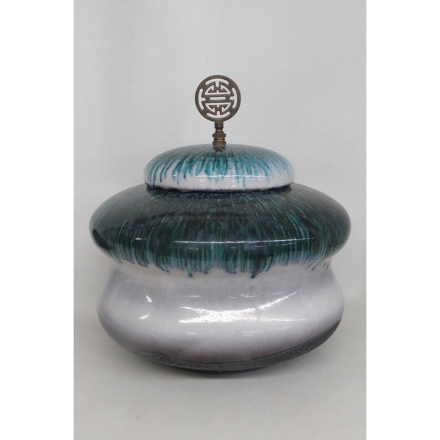 Abstract Tony Evans Raku Pottery Lidded Jar Drip Glaze Finish With Wood Display 4840b For Sale - Image 3 of 18