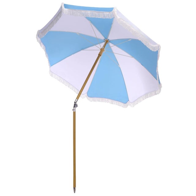 Gallo 6.5 Ft Beach Fringed Umbrella, Baby Blue Cabana Stripe For Sale In Philadelphia - Image 6 of 8