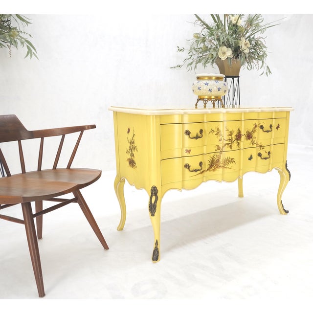 Chinoiserie Lemon Yellow White Lacquer Bronze Mounts cabriole Style Leg Two Drawers Console For Sale - Image 3 of 12