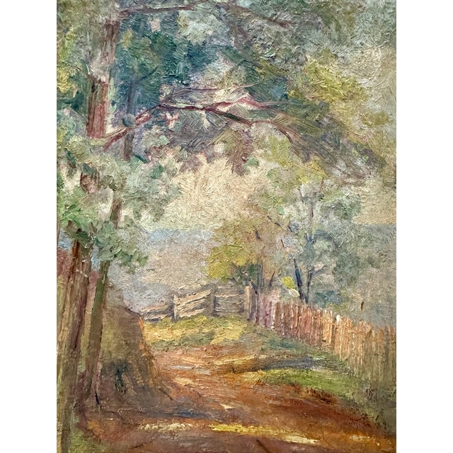 Antique oil on board landscape in original carved gilt frame. Tonalist composition depicting a sun-dappled wooded path...